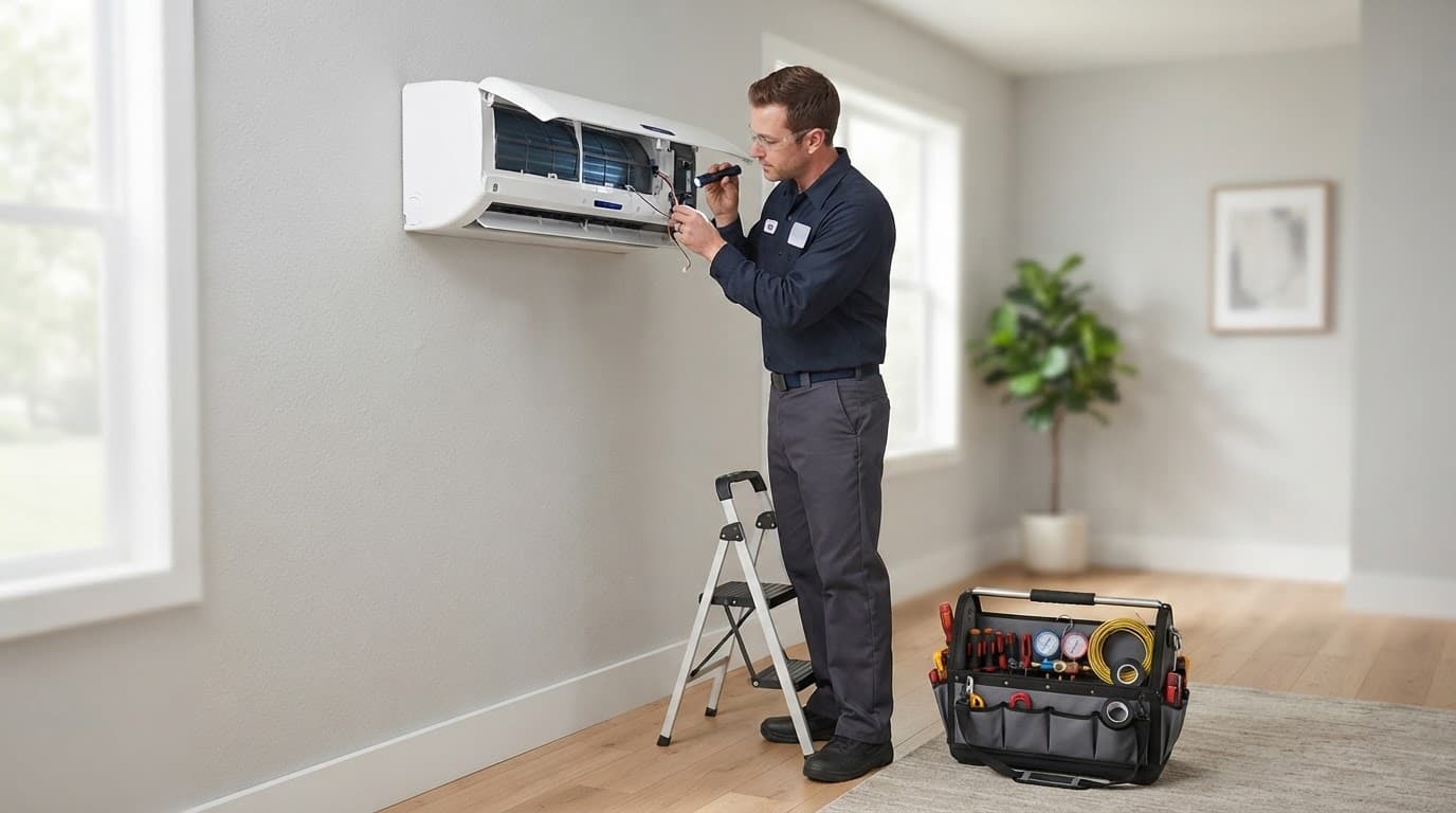 A technician with a toolbox inspects a wall-mounted indoor air conditioner.