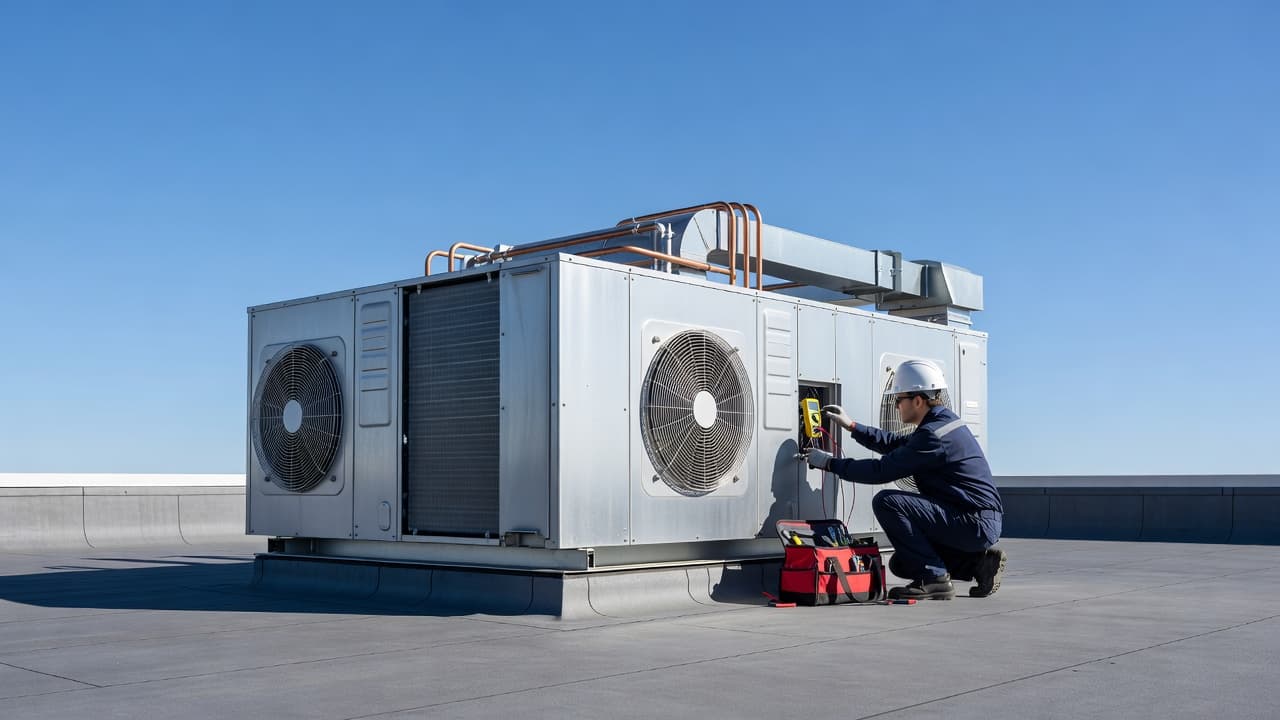A technician inspecting a commercial rooftop HVAC unit against a clear blue sky.