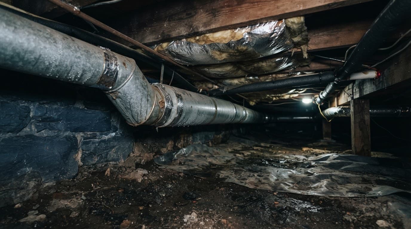 Dim crawl space with exposed insulation and metal ductwork.