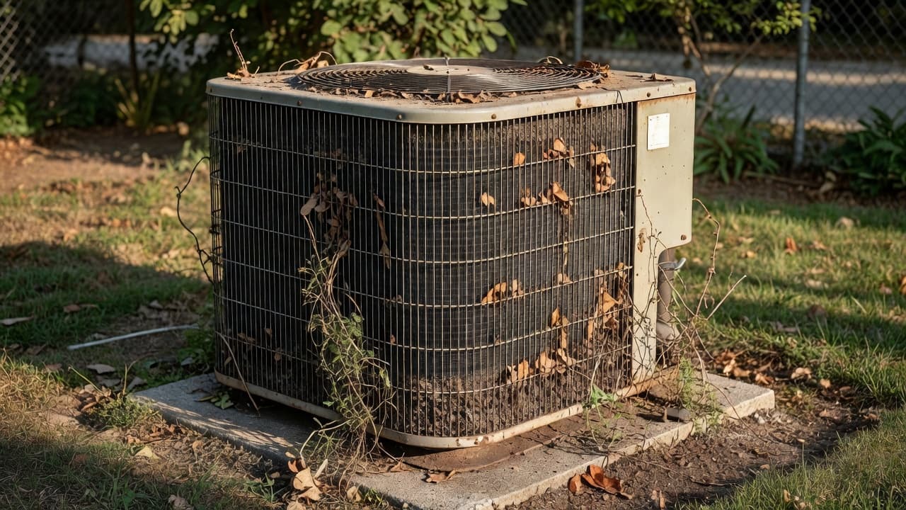 A neglected outdoor air conditioning condenser unit sits in a backyard. Dry autumn leaves and thick layers of dirt heavily clog the metal fins, obstructing airflow and efficiency during late afternoon.