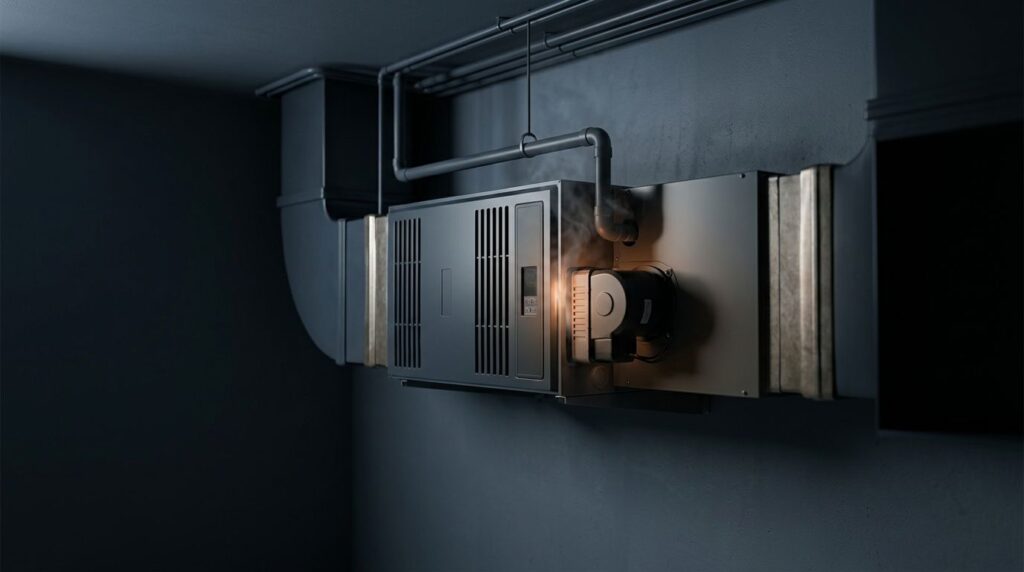 A residential air handler in a dark utility room with a faint wisp of smoke near its wiring panel.