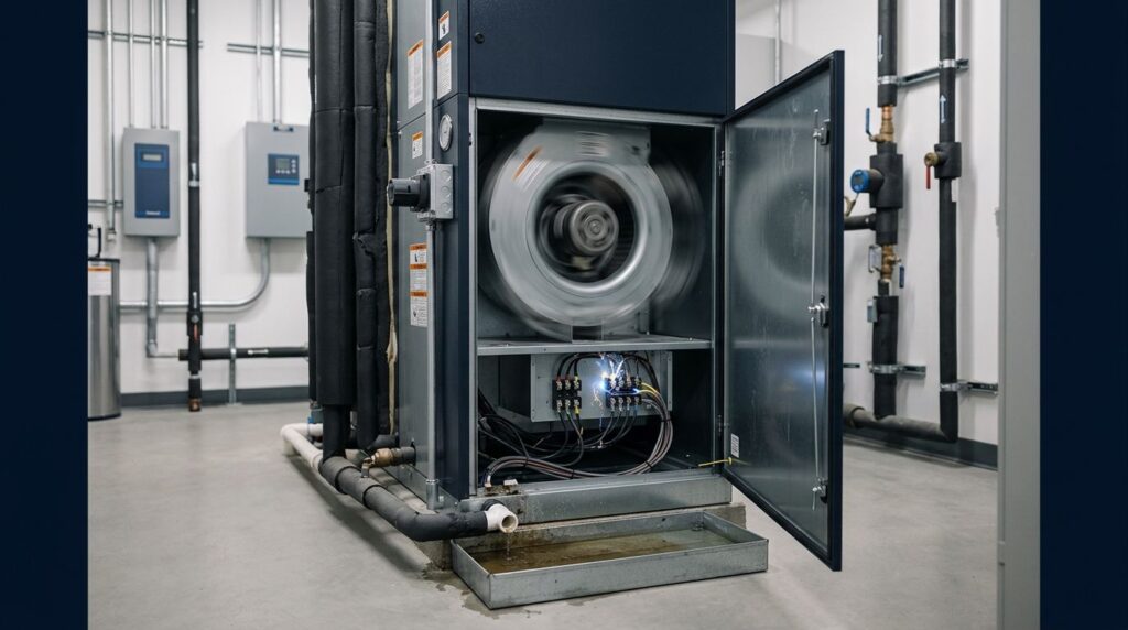 An indoor HVAC air handler with an open panel and water pooling in the drain pan.