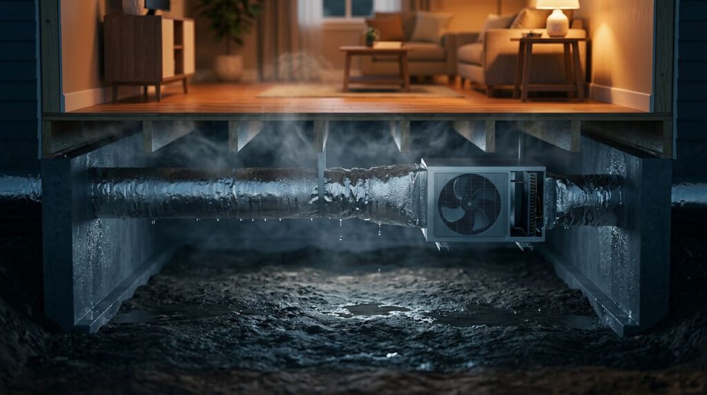 Damp crawl space soil and wet ducts beneath a warmly lit home.