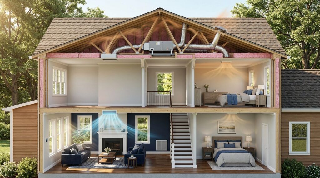 Cutaway view of a house showing a cool downstairs and warm upstairs with visible ductwork.