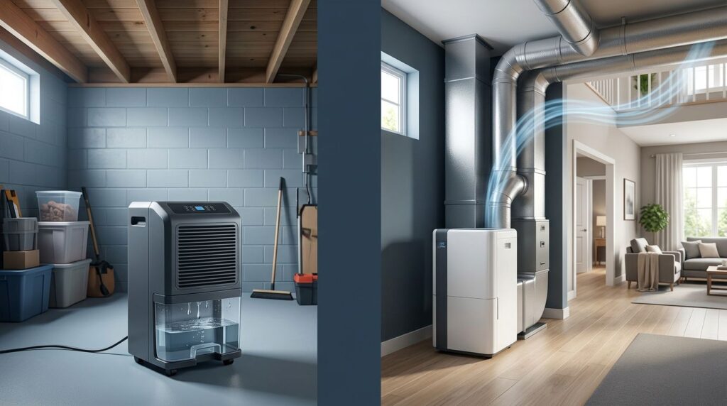 Comparison of a portable room dehumidifier and a whole-house HVAC dehumidification unit.