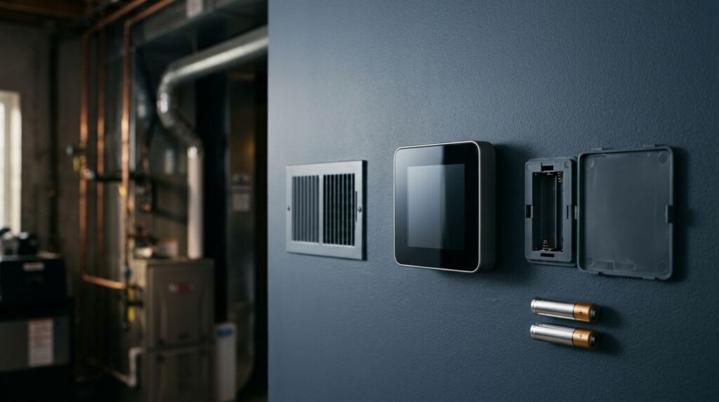A close-up of a digital wall thermostat with a blank screen and open battery compartment.