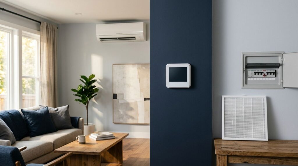 An inactive wall-mounted air conditioner above a blank thermostat and a tripped electrical breaker.