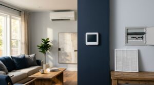 An inactive wall-mounted air conditioner above a blank thermostat and a tripped electrical breaker.
