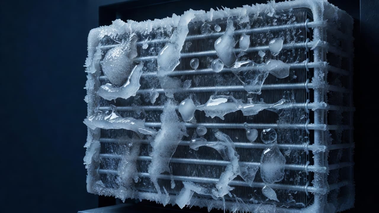 Close-up of a residential air conditioner cooling coil covered in a thick layer of ice.
