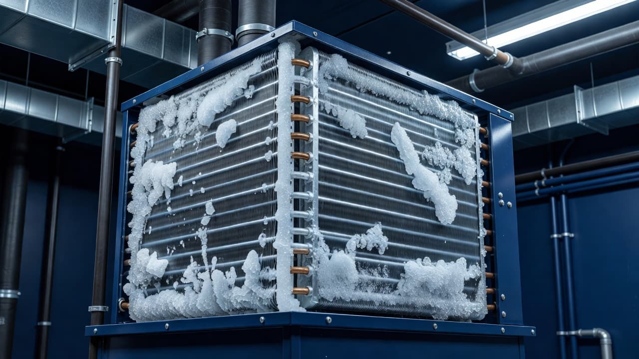 Close-up of an industrial HVAC evaporator coil covered in a thick layer of white ice.