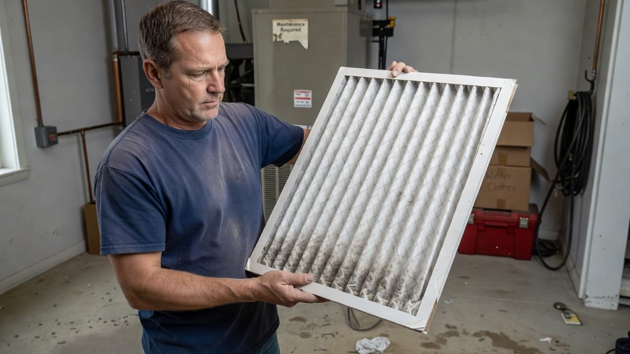 A homeowner checks a dusty residential furnace filter in a bright utility room.