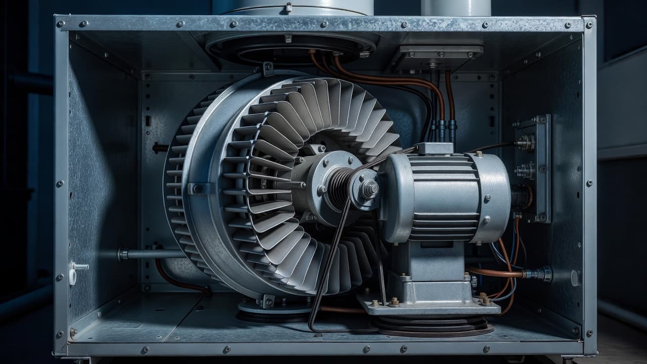 Close-up of a clean metal blower fan assembly inside an HVAC air handler unit.
