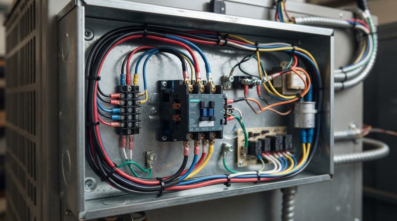 Close-up of organized electrical wiring and a blue contactor switch inside an AC control box.