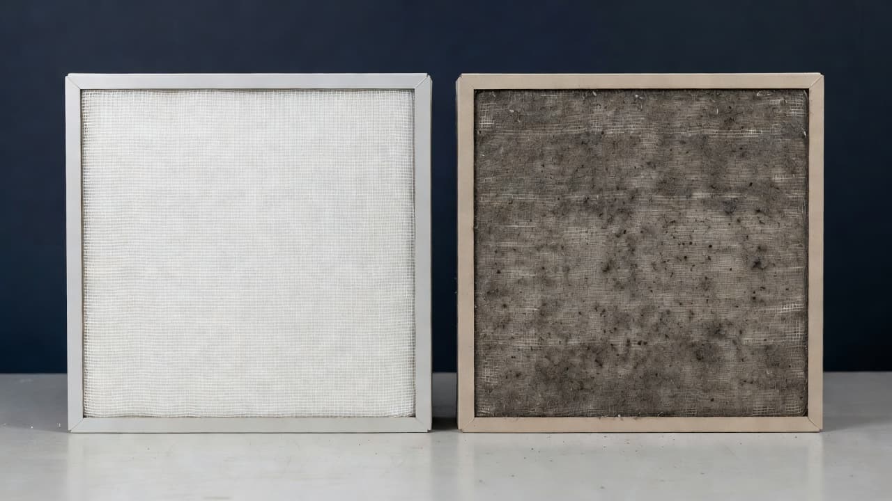 A pristine white filter rests next to a heavily soiled, dust-covered unit on a workbench. This contrast highlights the physical difference between a clean air filter and one requiring immediate replacement.