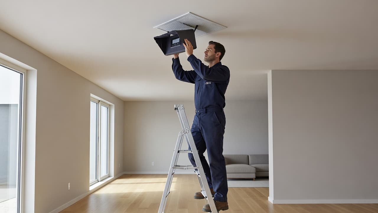 An HVAC technician measures airflow from a ceiling vent using a digital flow hood.