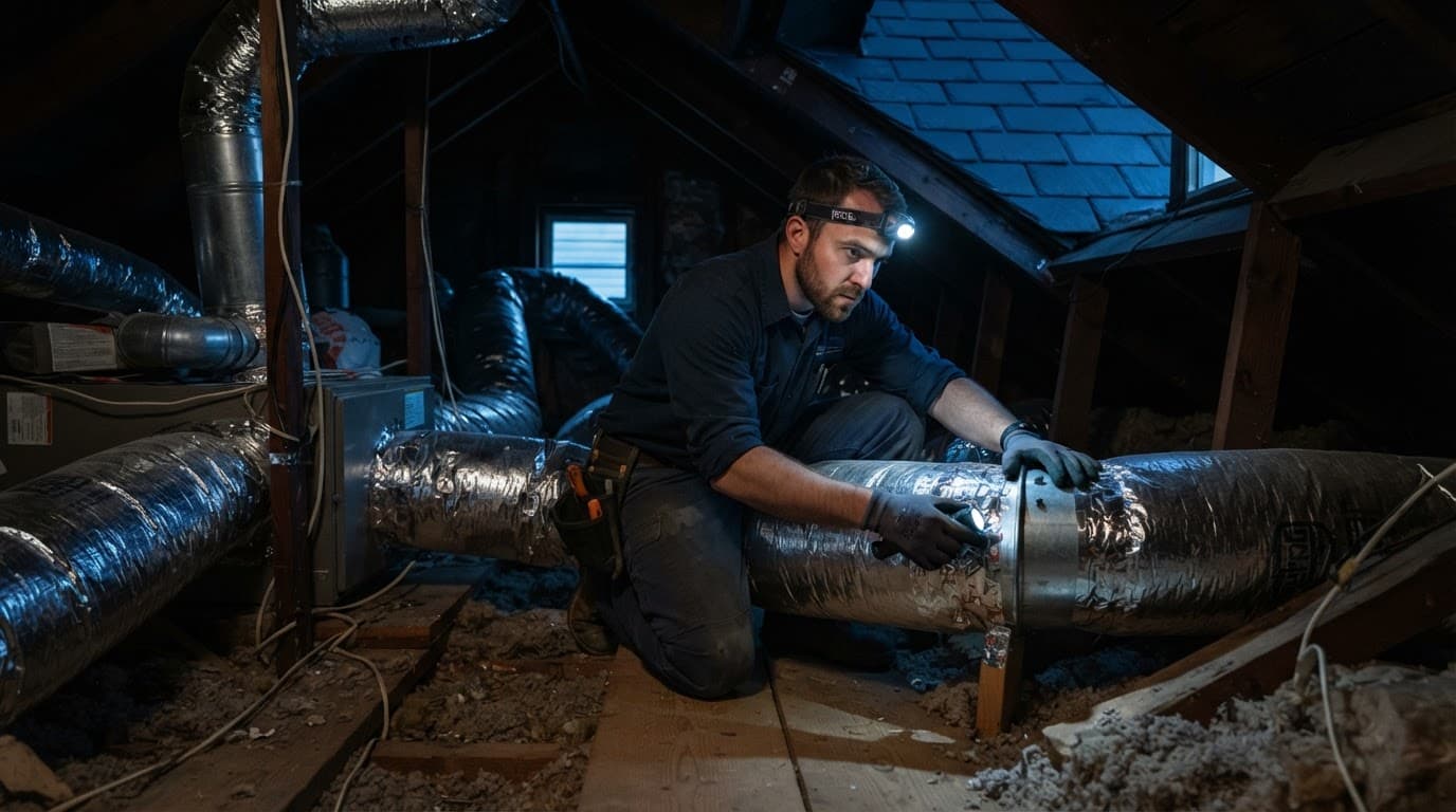 A service technician inspects metal ductwork inside a dimly lit attic.