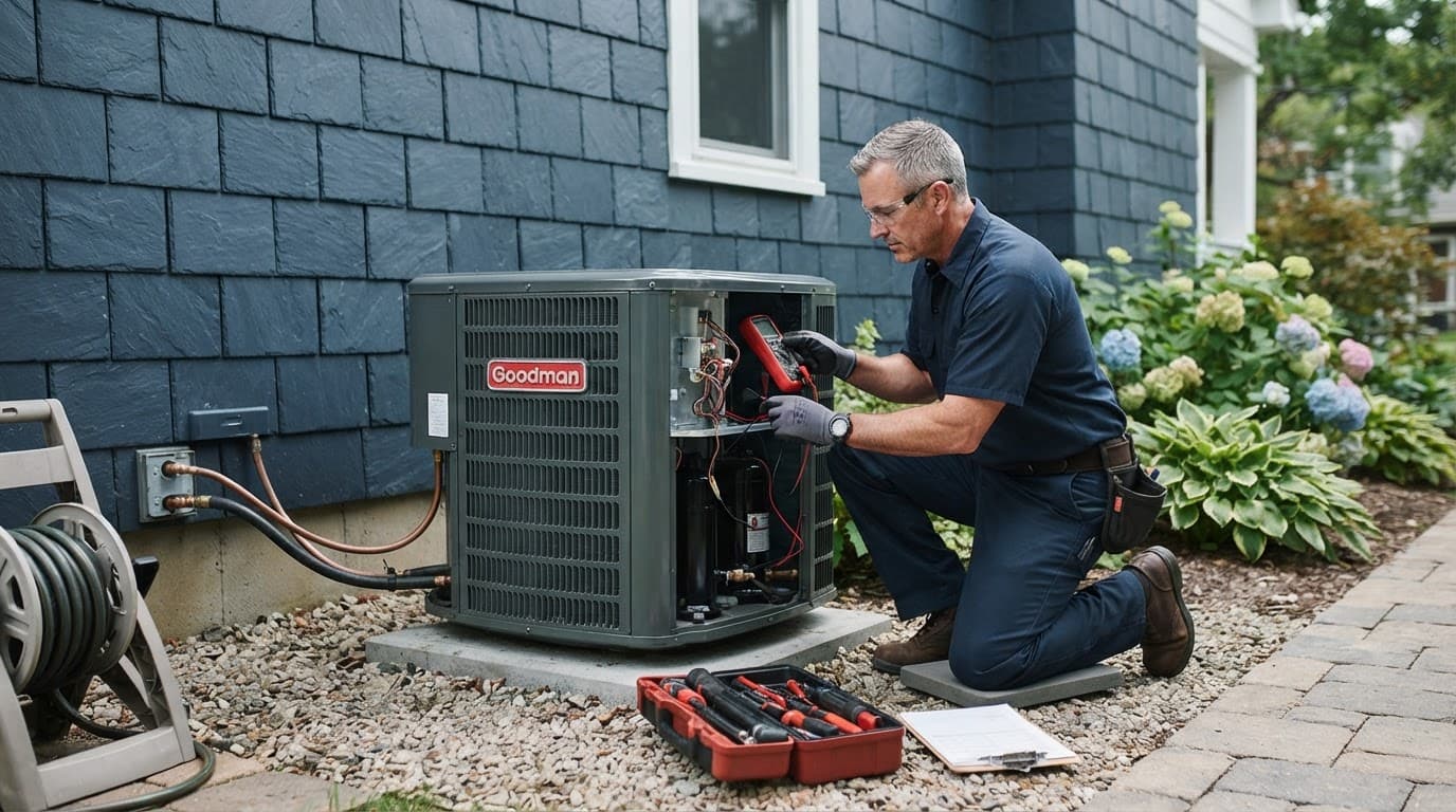 Technician inspecting an outdoor air conditioner beside a house.