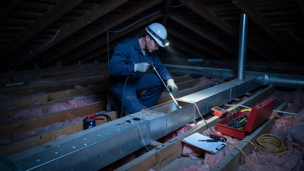 An HVAC technician inspecting residential ductwork in a dim attic.