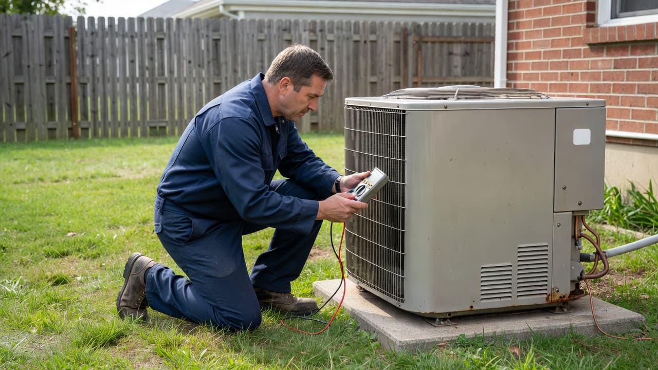 A professional technician in a dark blue uniform inspects an outdoor air conditioning unit in a backyard.