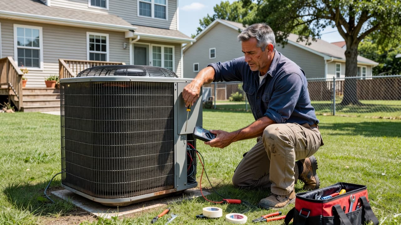 An HVAC technician inspects an outdoor air conditioner in a residential backyard.