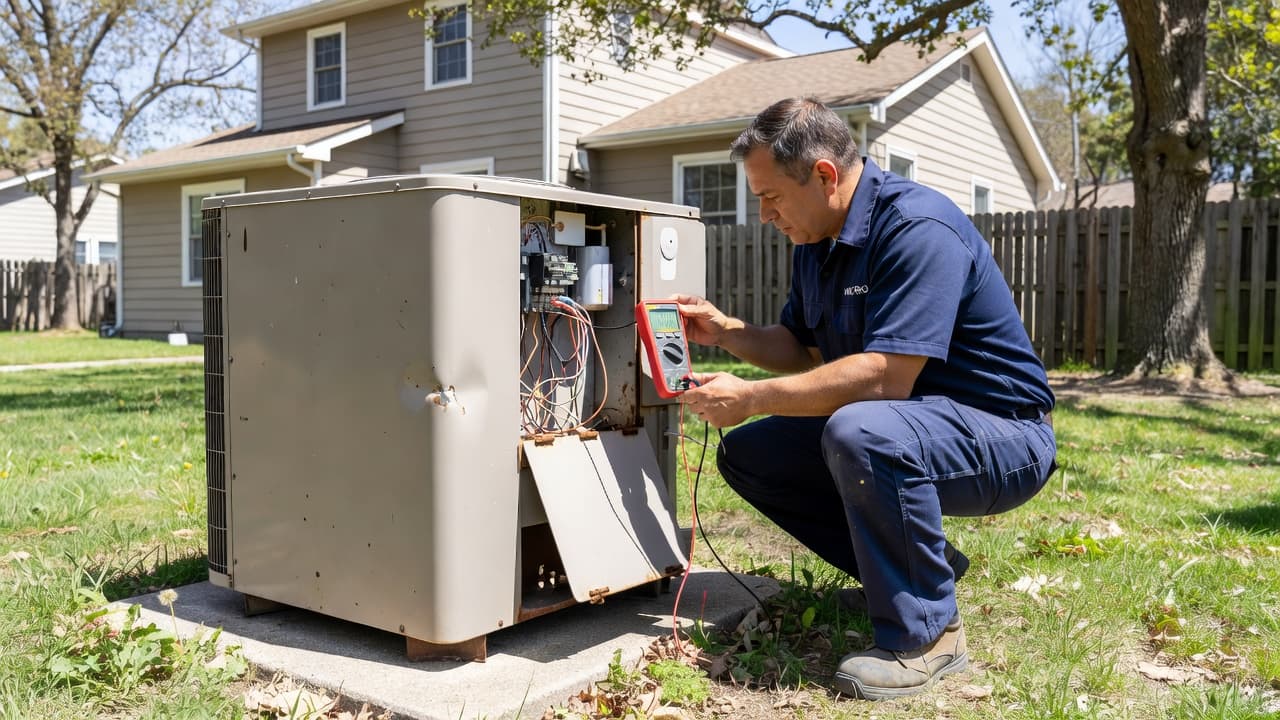 A technician testing the electrical components of an outdoor air conditioning unit with a multimeter.