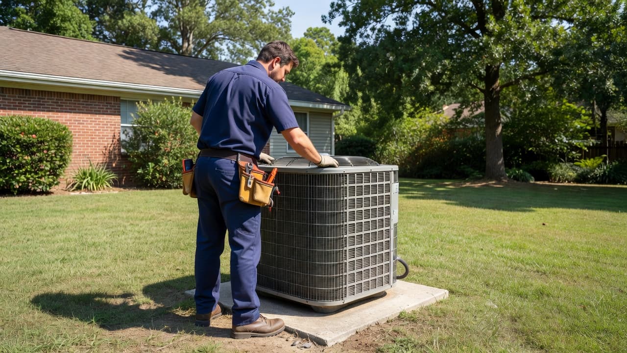 A uniformed HVAC professional crouches behind a residential outdoor condenser unit in a sunny suburban backyard. He carefully inspects the machinery to identify cooling issues during a bright Alabama day.
