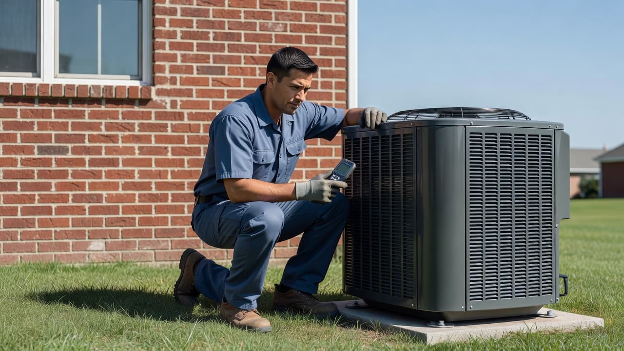 An HVAC technician inspecting an outdoor residential air conditioning unit.