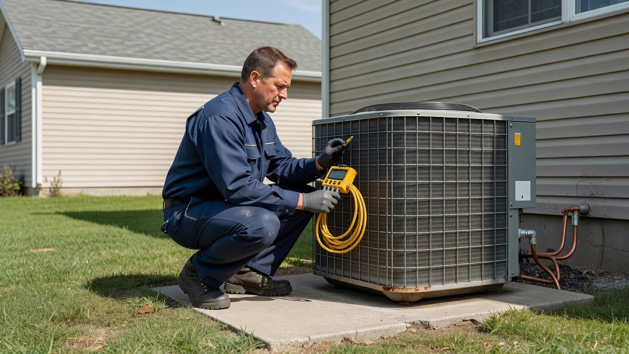 An HVAC technician in a blue uniform checks a residential outdoor condenser unit.