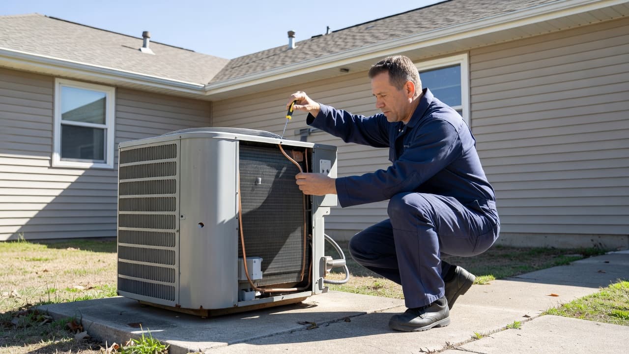 An HVAC technician in a dark blue uniform inspects an outdoor air conditioner.