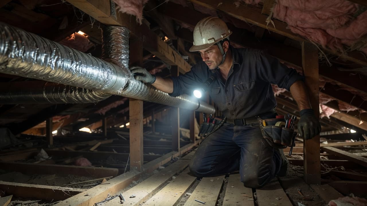 An HVAC technician uses a flashlight to check flexible ductwork connections inside a dimly lit attic space.