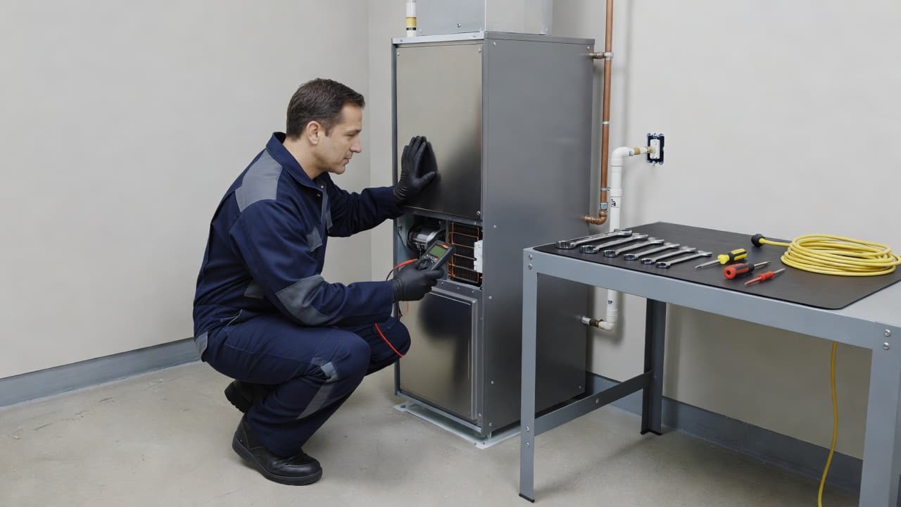 A technician inspects a residential furnace unit in a clean utility closet.