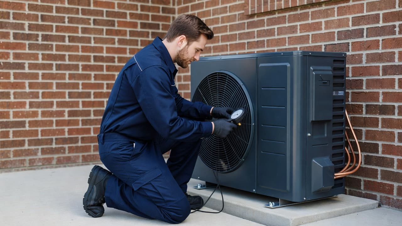 A technician in uniform inspecting a residential heat pump outdoor unit next to a brick wall.