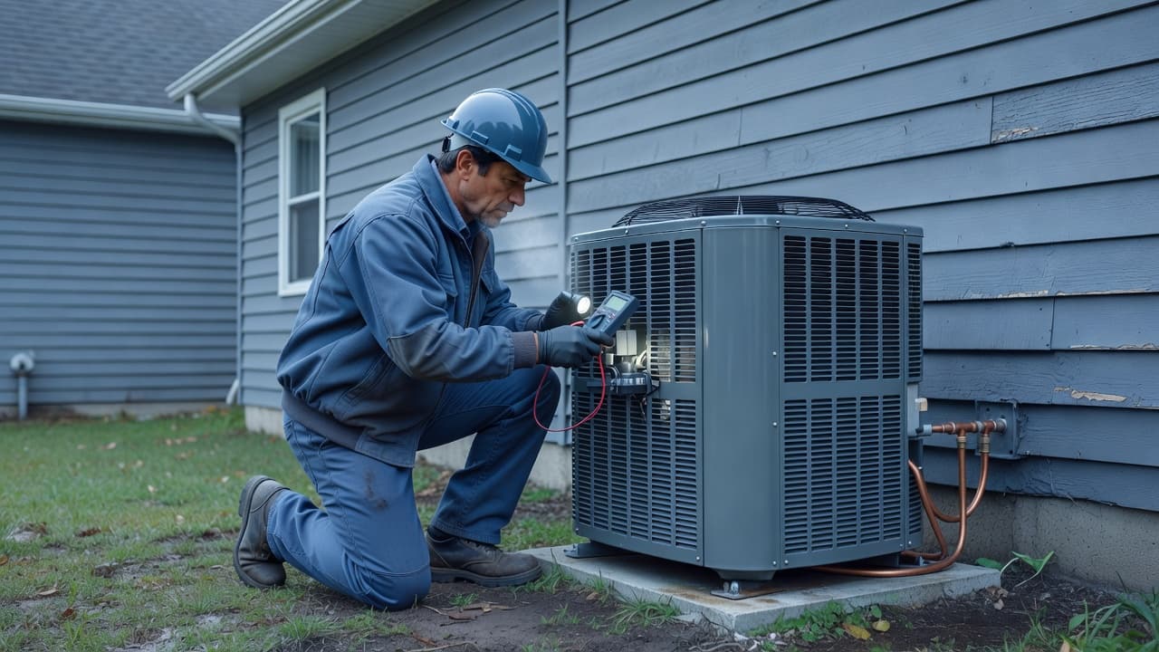 An HVAC technician kneeling beside an outdoor heat pump unit next to a residential home.