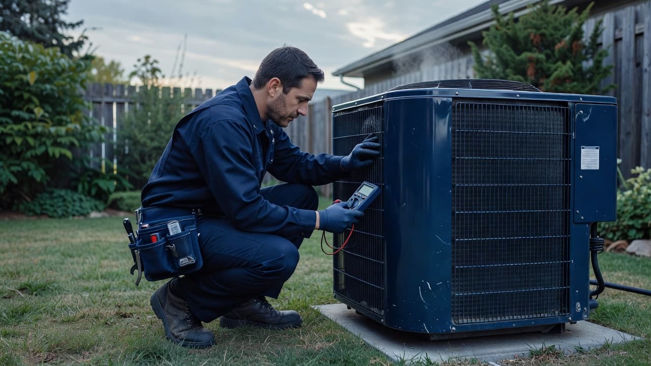 An HVAC technician inspects an outdoor residential air conditioning unit.