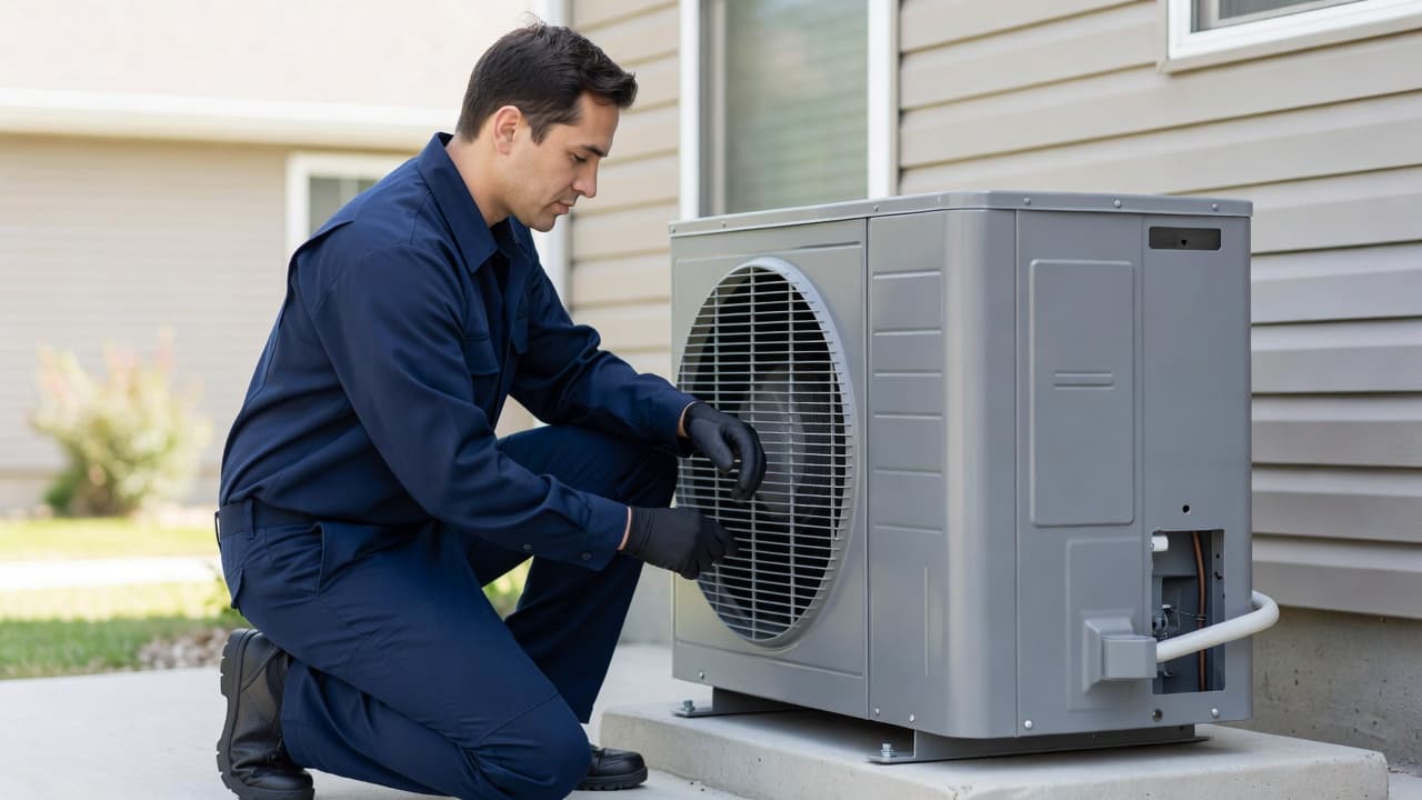 A technician in a navy uniform kneels while inspecting an outdoor residential air conditioning unit.