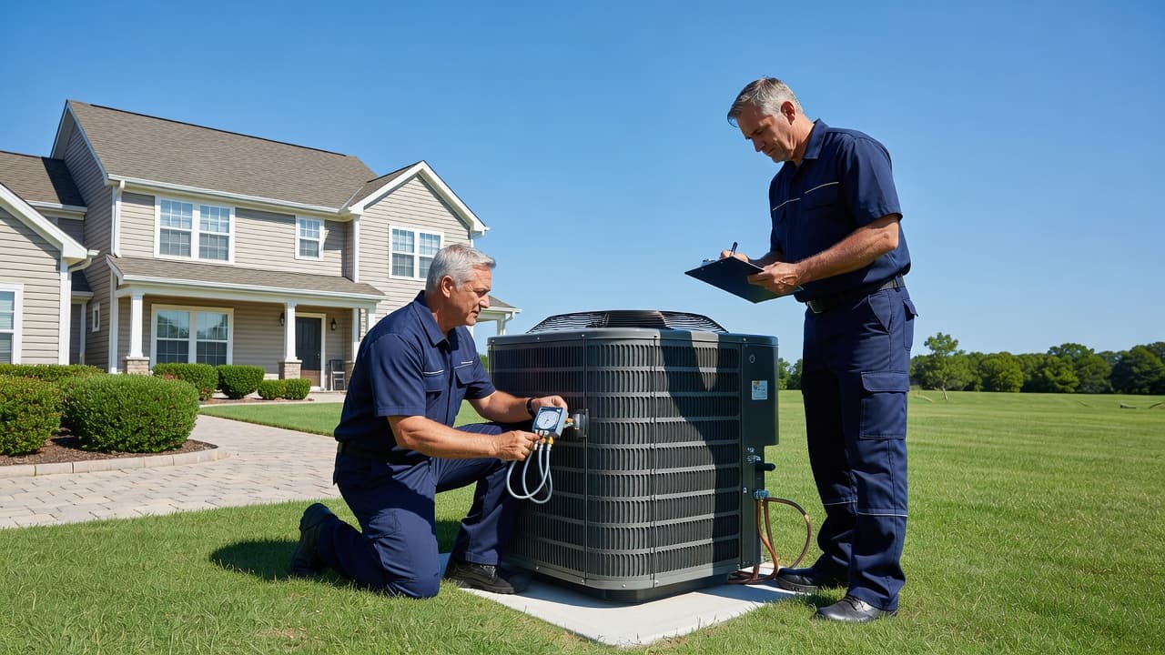 Two service technicians in blue uniforms inspect a residential air conditioning unit outside.