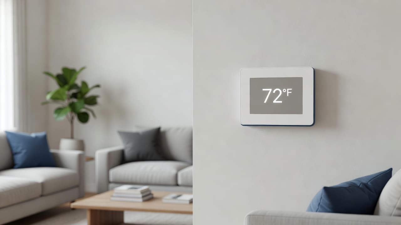 A sleek digital wall thermostat displays a cool temperature setting against a soft-focus living room backdrop. The device features a clean interface with subtle blue accents in a bright, comfortable interior.