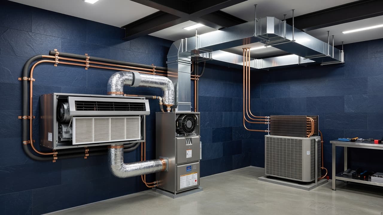 Copper refrigerant lines and ductwork inside a dark blue mechanical room.