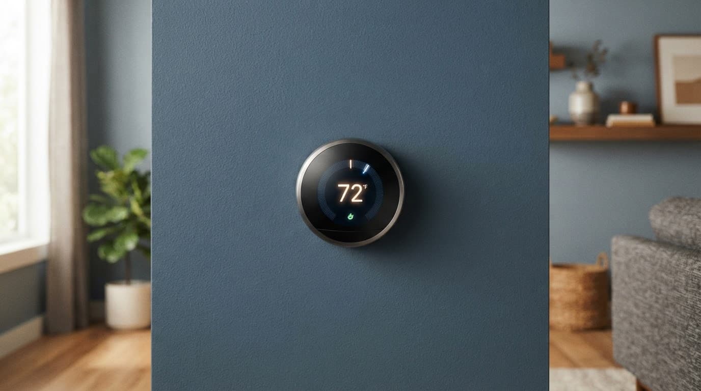 A sleek digital thermostat mounted on a minimalist living room wall with slate blue tones.