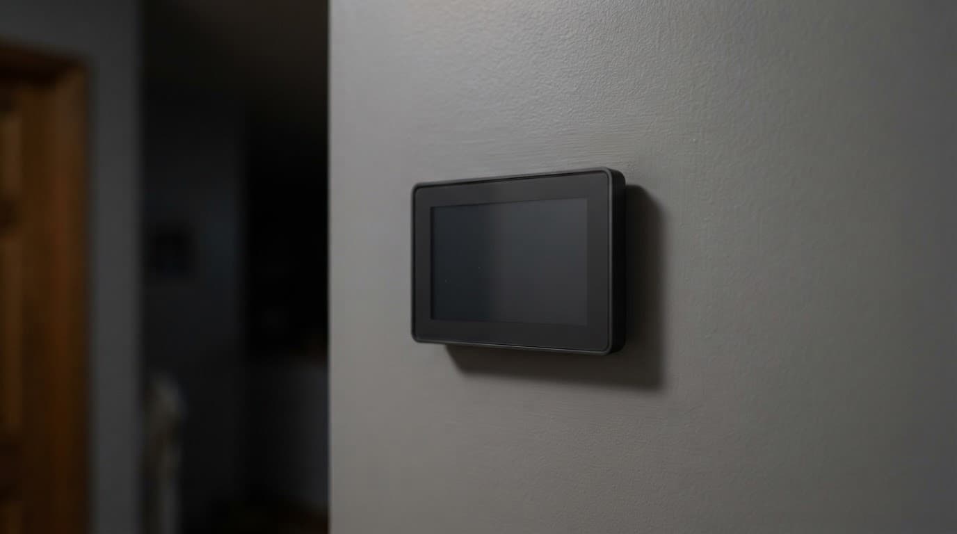 A dark digital thermostat mounted on a plain gray hallway wall.