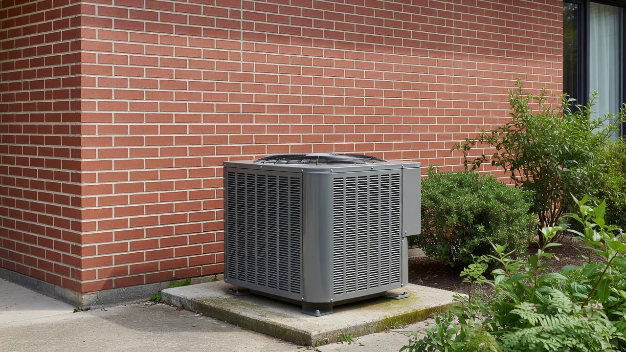 An outdoor air conditioning unit on a concrete slab next to a brick house wall.