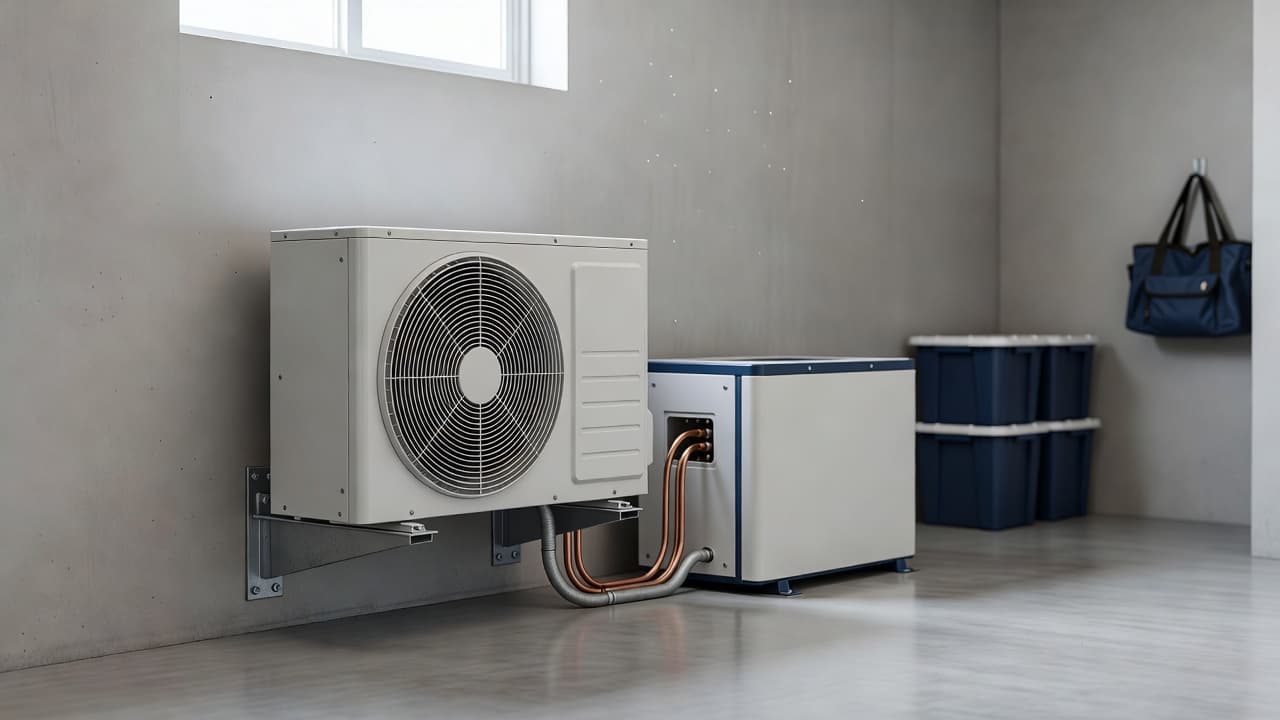 A sleek modern air conditioning unit sits in a tidy basement utility space. Dark blue accent walls provide a sharp contrast, while soft light illuminates the clean pipes and electrical conduits.
