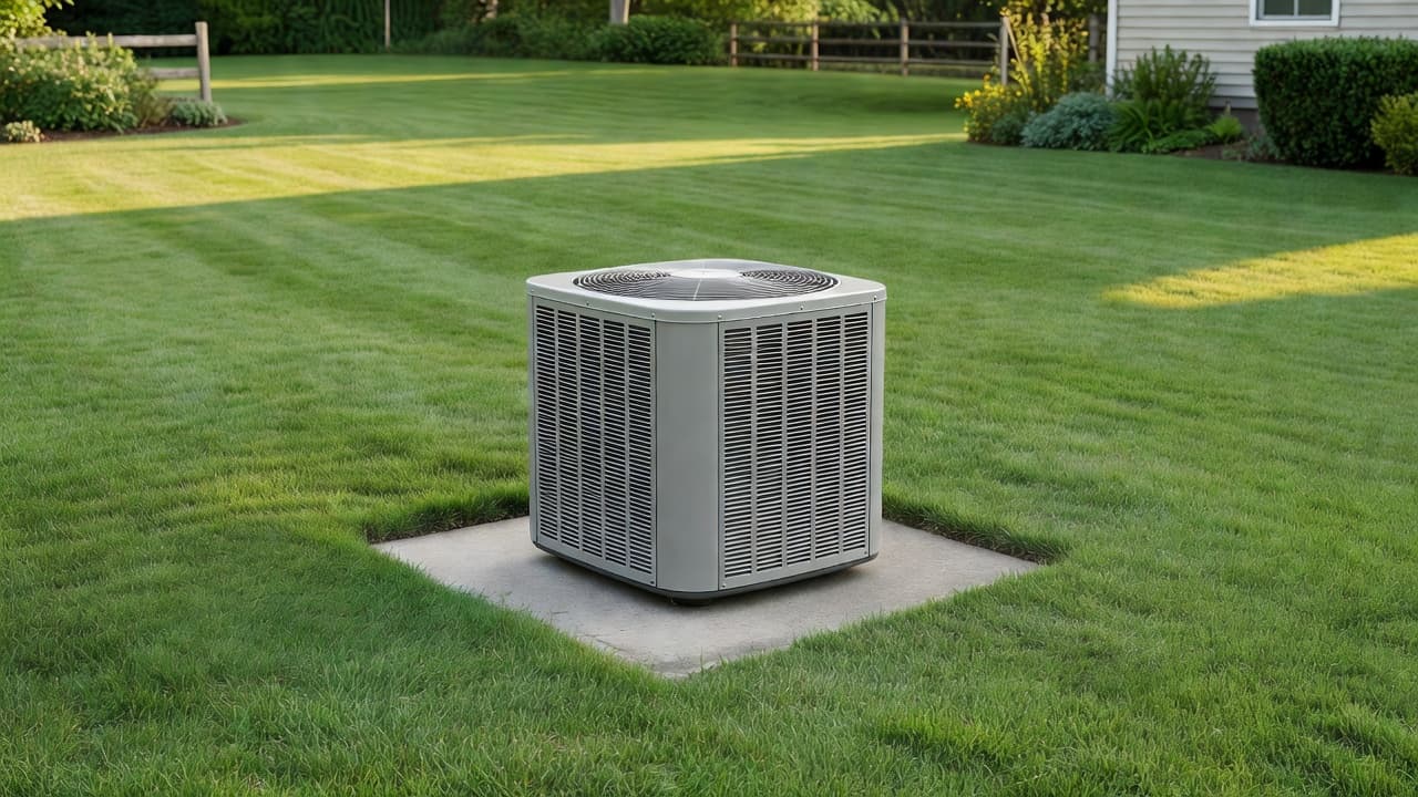 A clean outdoor air conditioning unit sitting on a concrete pad in a grassy residential yard.