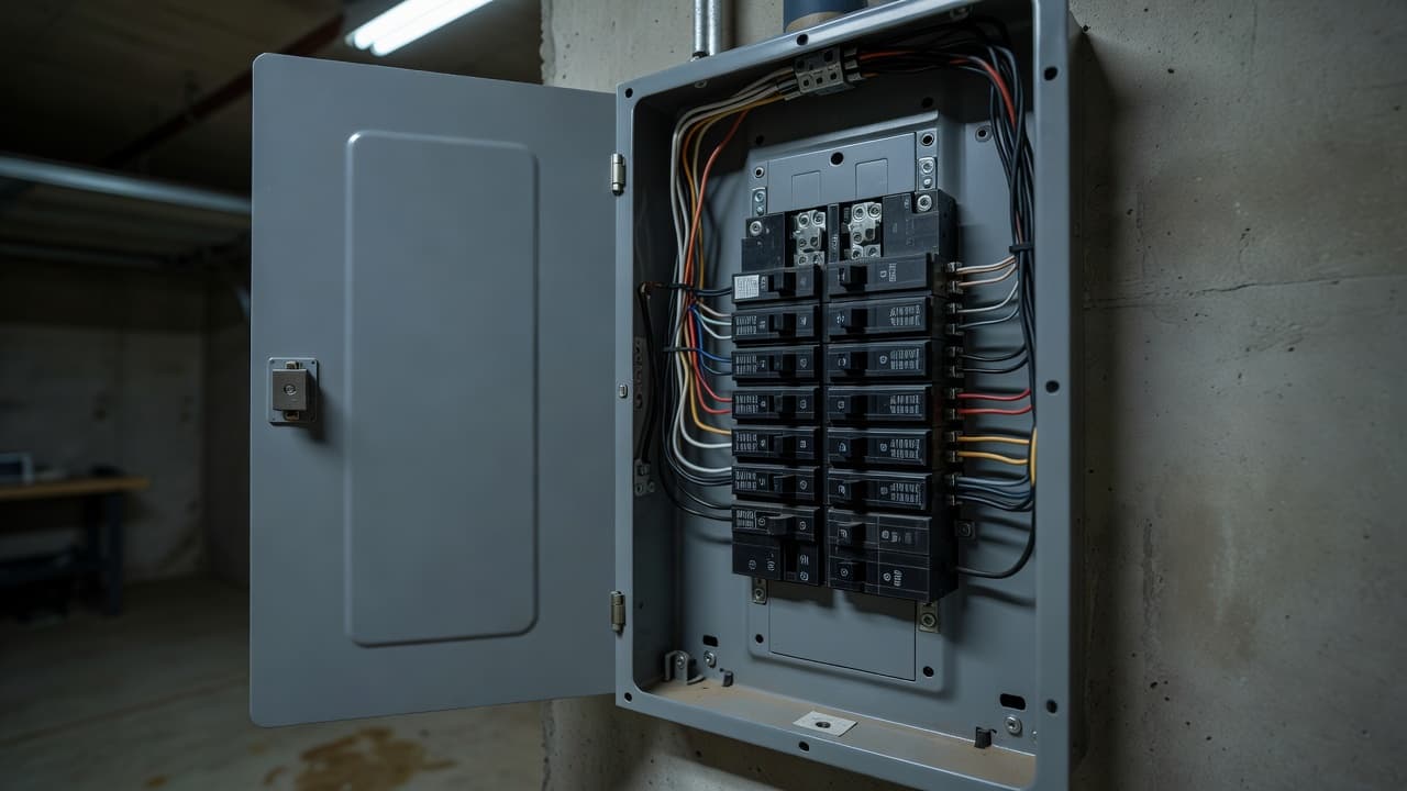 A close-up view of an interior garage circuit breaker box features a single lever positioned in the middle. The dim lighting highlights the metal frame and organized rows of switches.