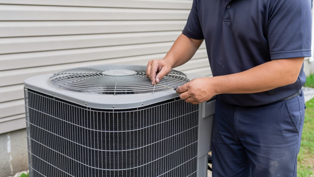A worker in a navy polo shirt checks the metal coils of an outdoor home air conditioner.