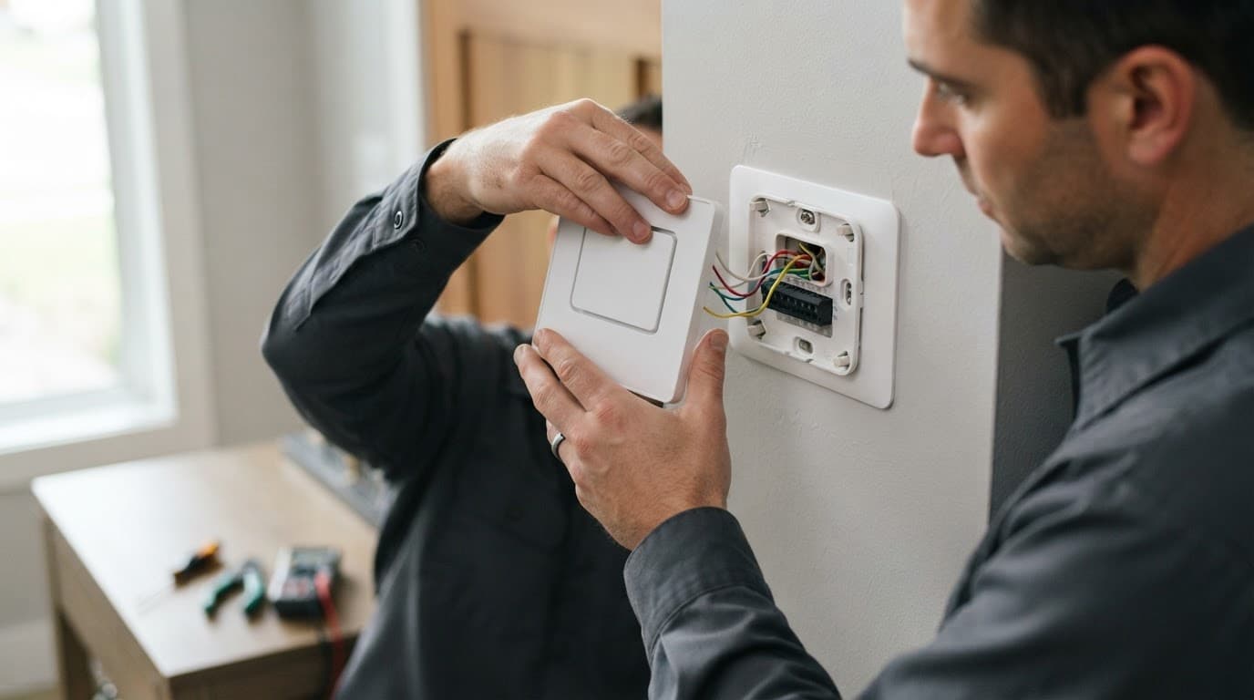 A close-up of hands opening a wall thermostat to check the wiring inside.