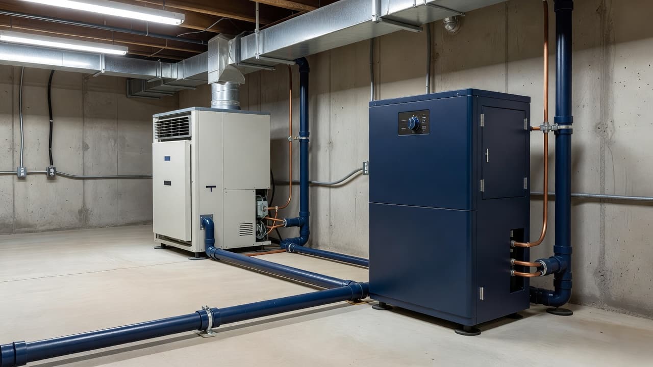 A dark blue dehumidifier installed next to a residential HVAC system in a basement.