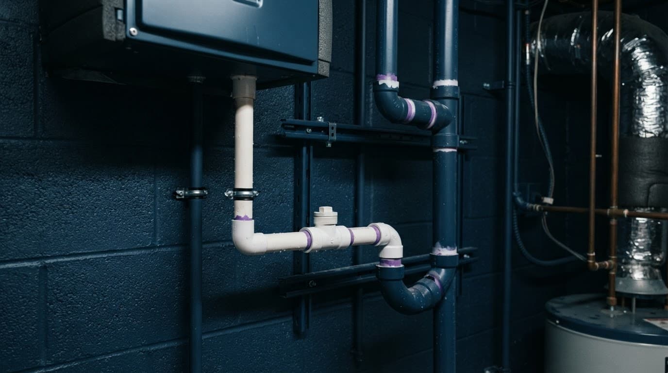 White PVC condensate drain piping in a dark blue utility room.