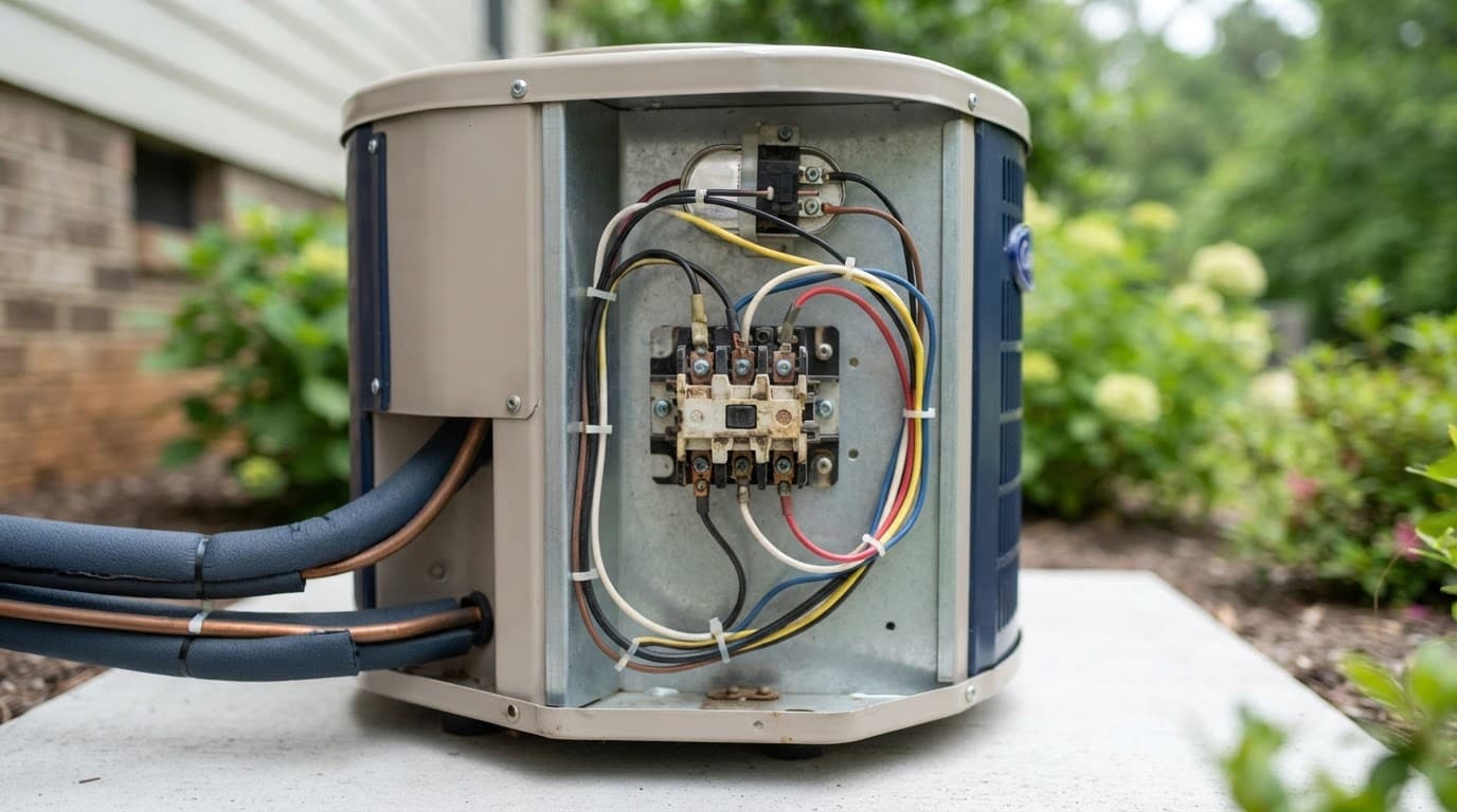 Open AC condenser showing a worn contactor and organized wiring.