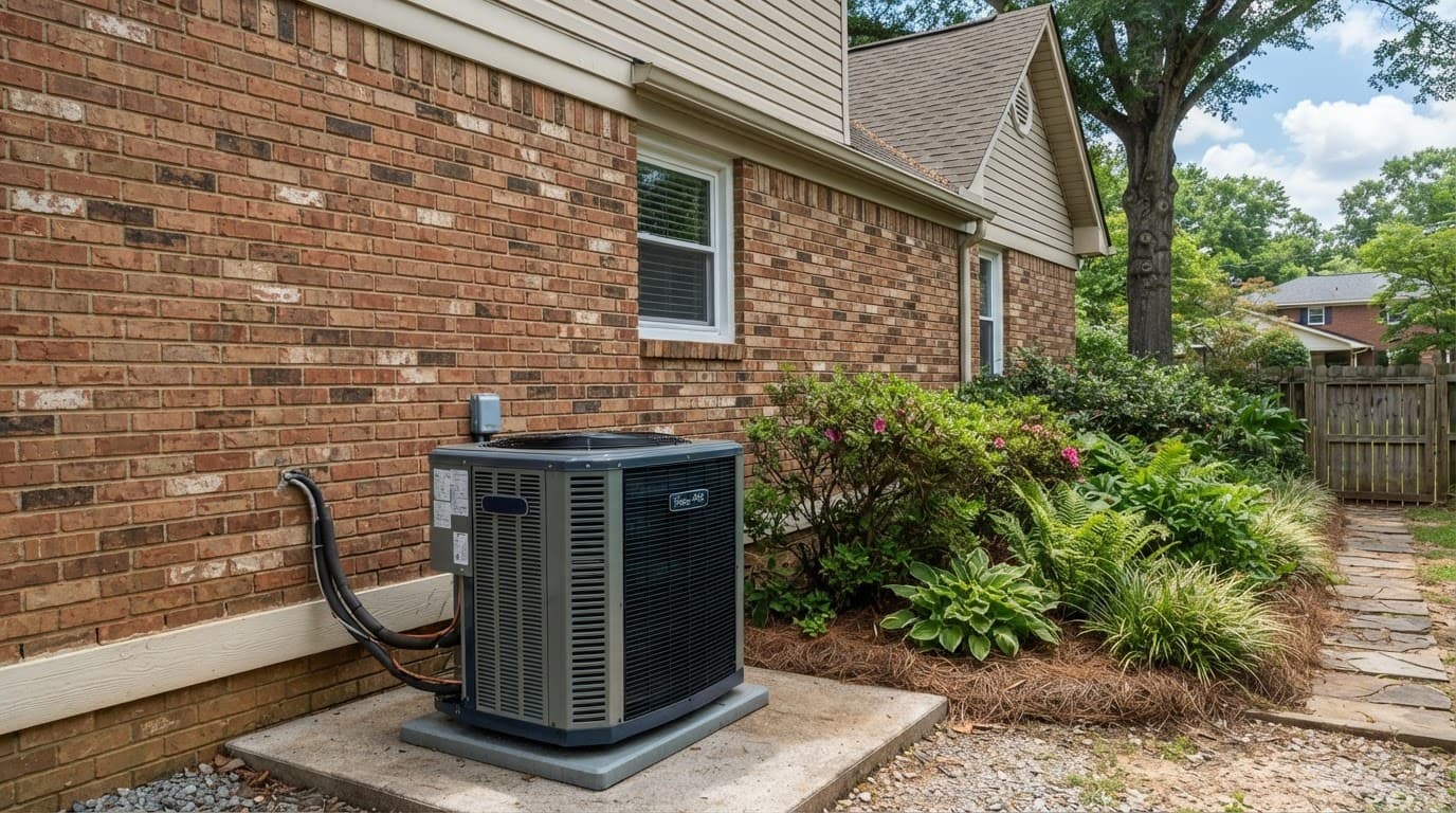 A heat pump condenser beside a brick home in daylight.